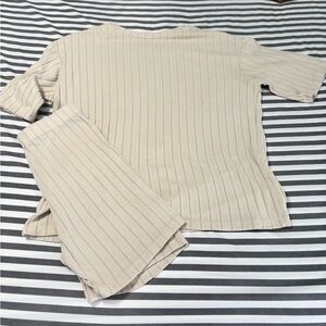 Beige Ribbed Knit Top and Pants Set